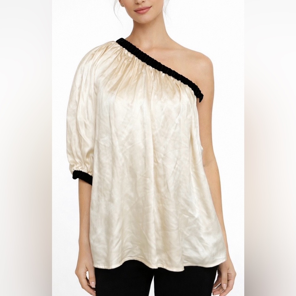 VTG Yves Saint Laurent Rive Gauche Silk One Shoulder Blouse Cream Black Velvet M